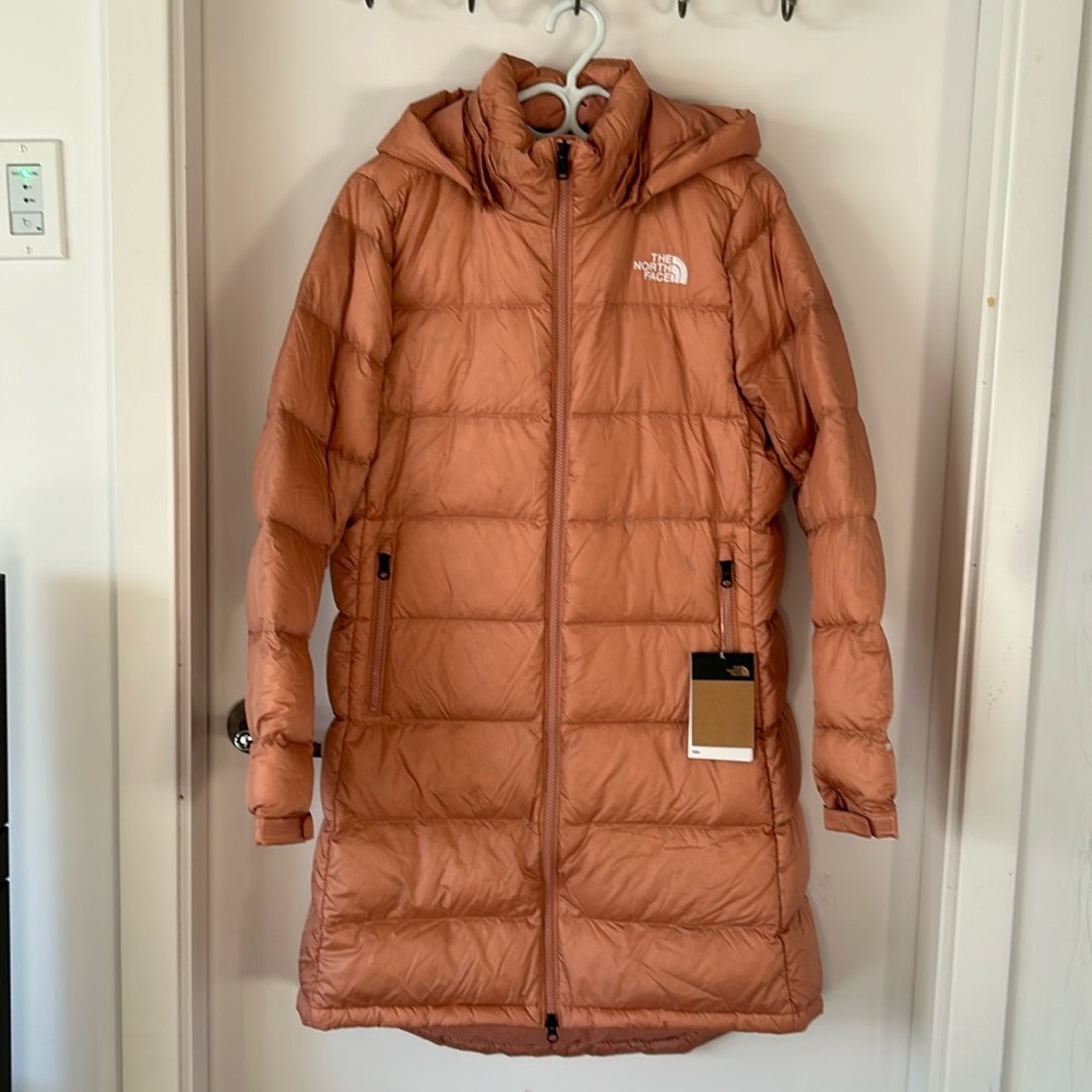 NWT The North Face down-filled long puffer in blush pink